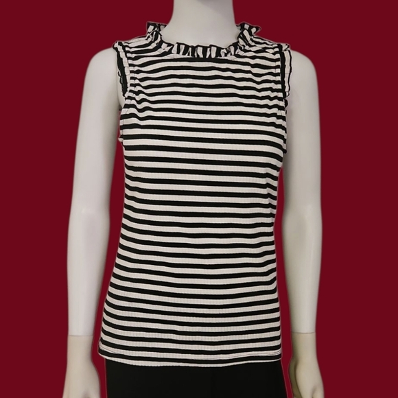 Hayden Tops - HAYDEN Horizontal Striped Black and White Monochrome Ruffle Sleeveless Top